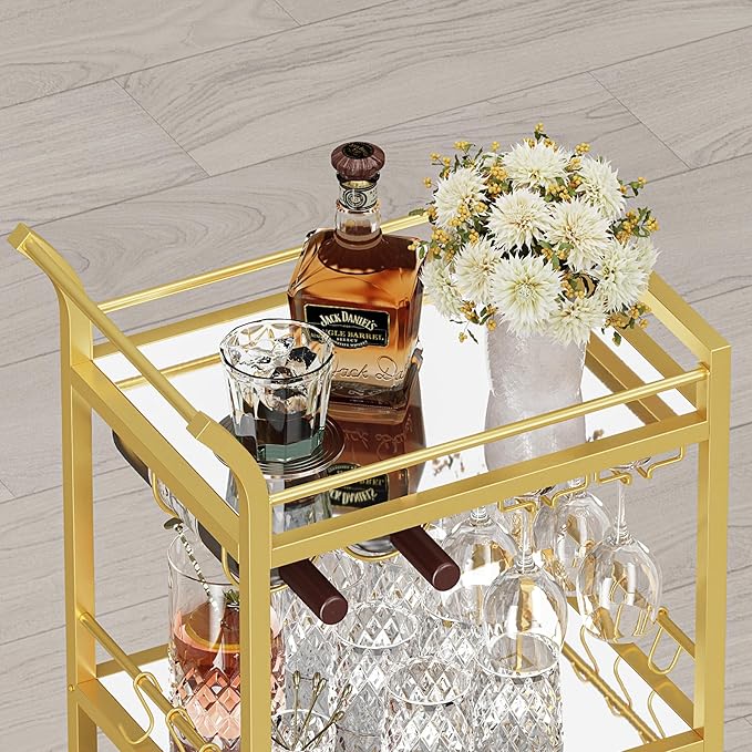 TUTOTAK Bar Cart, Home Bar Serving Cart with 3-Tier Mirrored Shelf, Wine Cart, Mobile Kitchen Shelf, Gold BC01BB034