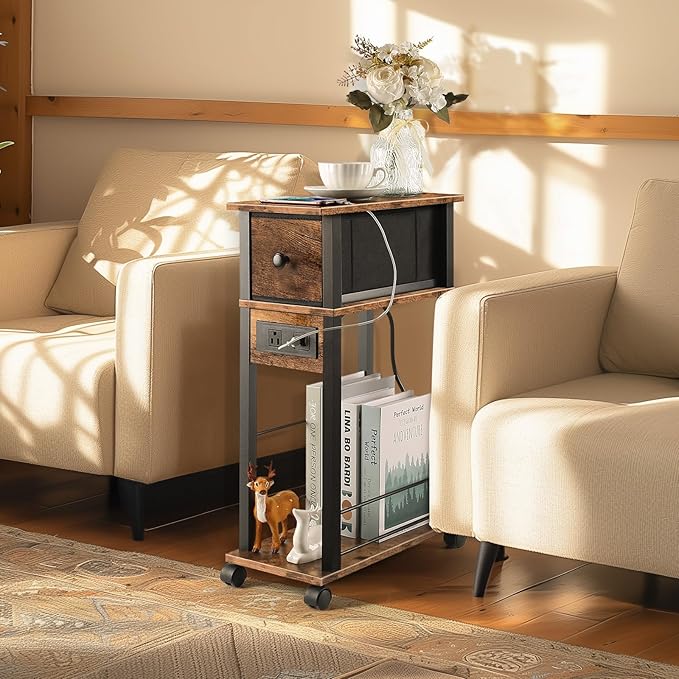 Side Table with Charging Station and Drawer, Narrow End Table with USB Ports and Outlets for Small Space, Living Room, Bedroom and Office, with 4 Wheels (1, Rustic Brown + Black)