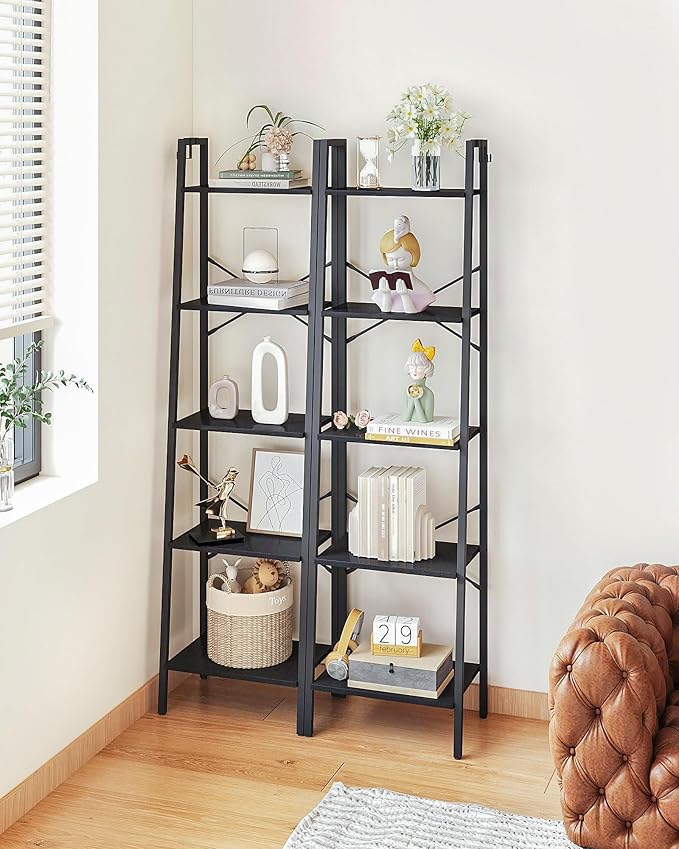 Ladder Shelf, Bookshelf Bookcase, Freestanding Corner Storage Shelve with 2 Hooks for Home Office, Living Room, Kitchen, Bedroom, Industrial, 5-Tier Black BC19204B