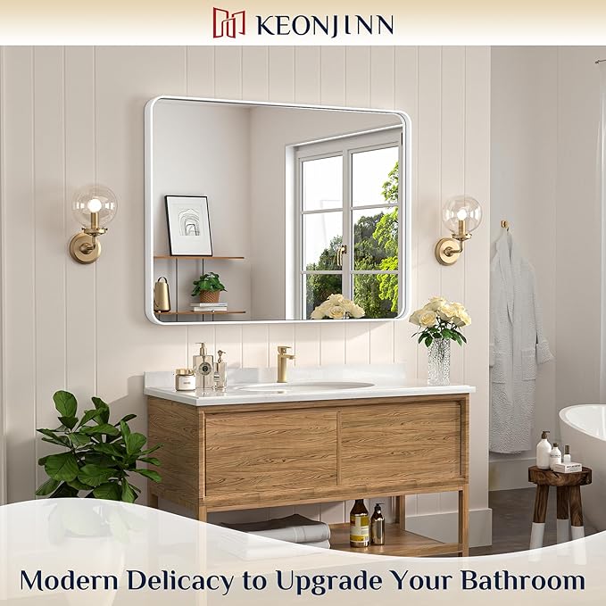 Keonjinn Matte White Bathroom Mirrors for Over Sink 40 x 30 Inch Large Rounded Rectangle Bathroom Mirror for Wall, Seamless Metal Frame Farmhouse Mirror, HD Tempered Glass(Horizontal/Vertical)