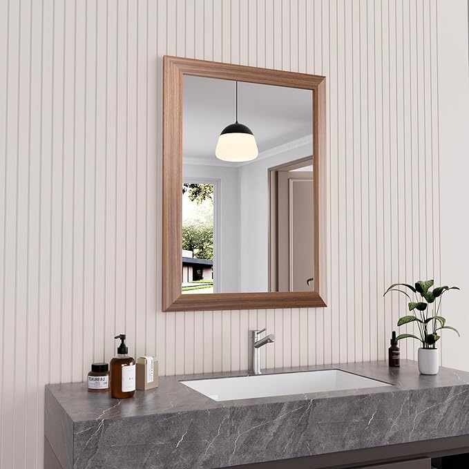 Amorho 22 X30 Inch Bathroom Mirror for Wall, Walnut Wood Grain Metal Framed Mirror, Anti-Rust, Hang Horizontally/Vertically, Suitable for Bedroom, Farmhouse, Bathroom, Decorative