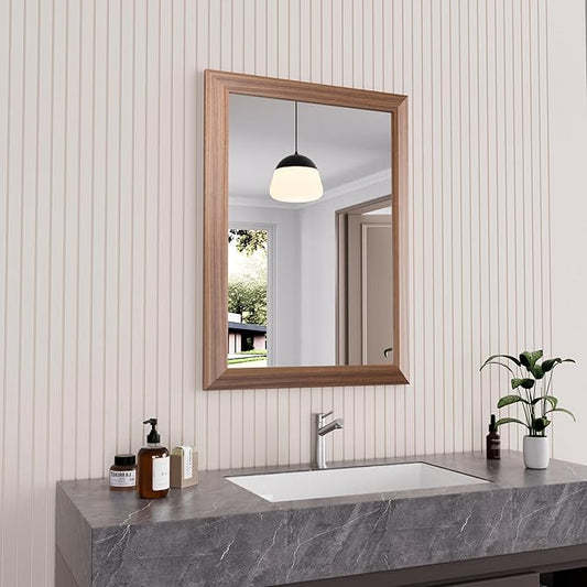 Amorho 22 X30 Inch Bathroom Mirror for Wall, Walnut Wood Grain Metal Framed Mirror, Anti-Rust, Hang Horizontally/Vertically, Suitable for Bedroom, Farmhouse, Bathroom, Decorative