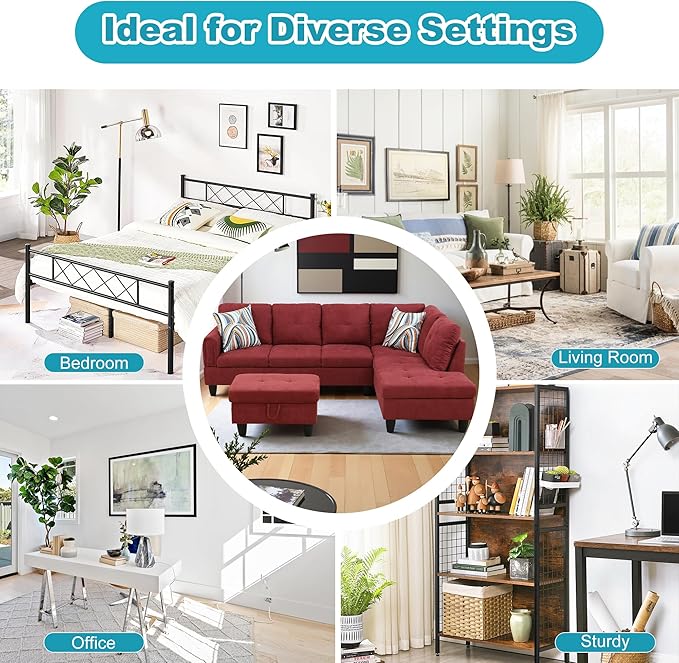 Couches for Living Room Modern L Shaped Couch Comfy Fluffy Fabric 3 Pieces Sectional Sofa with Chaise, Ottoman with Storage for Office and Small Apartment, Red