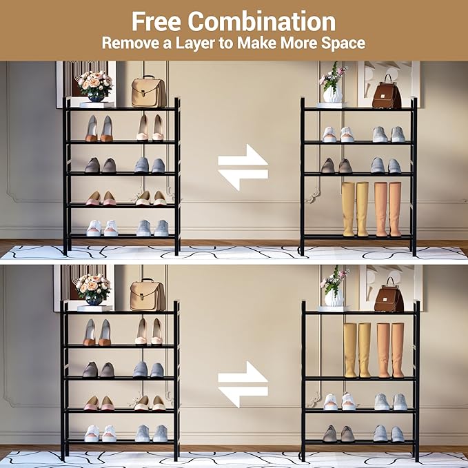Haddockway Bamboo Shoe Rack for Closet, Free Standing Shoe Organizer with Smooth Round Rods & Convenient Handles, Stackable Shoe Storage Shelf for Entryway, Hallway(Black, 5-Tier(Small))