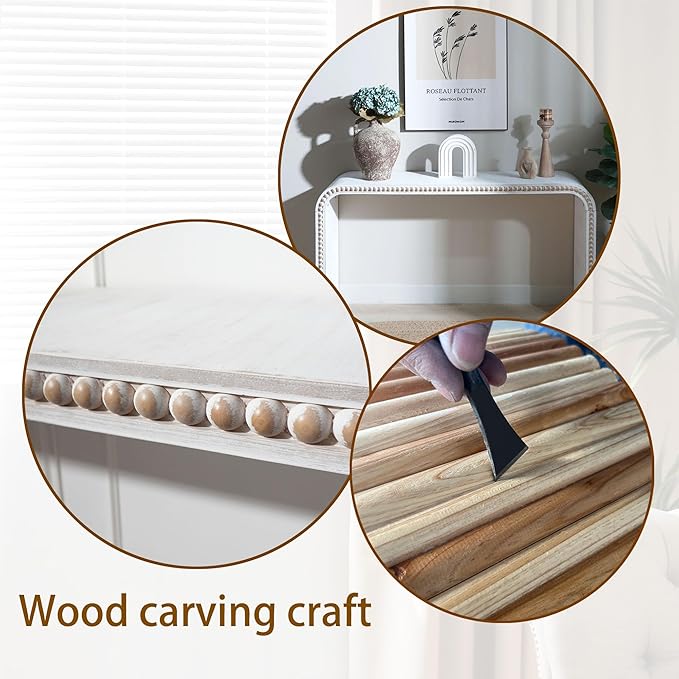 KEIKI Wood Console Table Behind Couch & Sofa, Retro Style with Curved Waterfall & Wood Beads Design, for Entryway, Living Room, Antique White