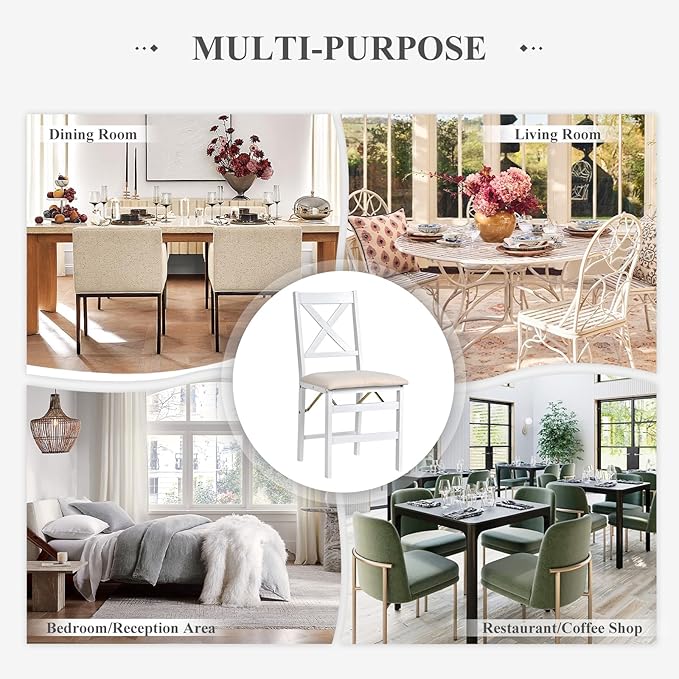 COLAMY Folding Dining Chairs Set of 4 – White Wooden Dining Room Chairs for Small Spaces, Pre-Assembled, Space Saving Kitchen & Dining Room Furniture, Indoor Outdoor Use