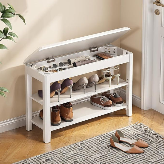 Shoe Rack Bench Seat Rubberwood 2-Tier Wooden Storage Bench 550lbs Compact Mid-Century Modern Design for Entryway, Hallway, Closet, Front Door Entrance, Foyer