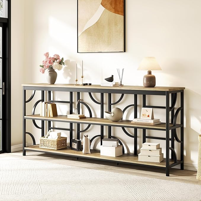 70.9-Inch Industrial Sofa Table, Extra Long Console Table Behind Couch with 3-Tier Storage Shelves, Rustic Brown Finish for Entryway, Living Room, Foyer, Hallway, and Office