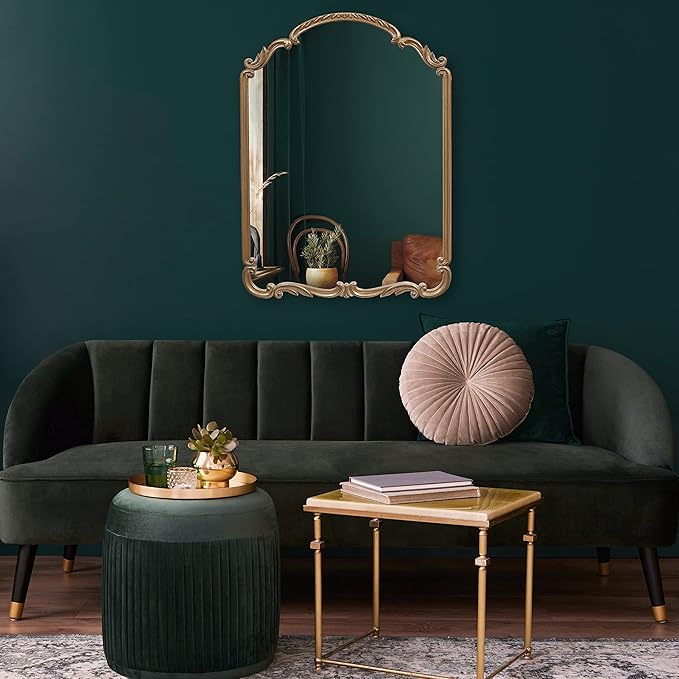 English Estate Carved Arch Wood Wall Mirror, Mirror for Entryway, Living Room, Bathroom, Antique Gold, 22x30