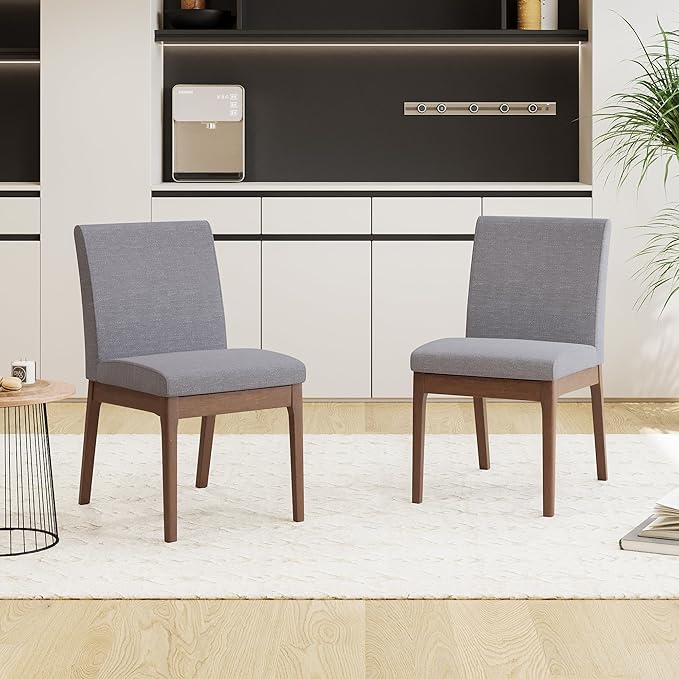 Dining Table Set for 4, Solid Rubberwood Upholstered Chairs, Mid-Century Modern Kitchen Furniture for Home, Dining/Living Room, Walnut+Gray