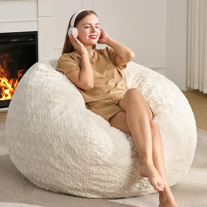 Hobestluk 4ft Bean Bag Chairs for Adults Large Beanbag Chair with Chevron Plush Fur Cover Big Bean Bag Chair for Living Room Bedroom Dorm Office - White (44” x 44” x 24”)