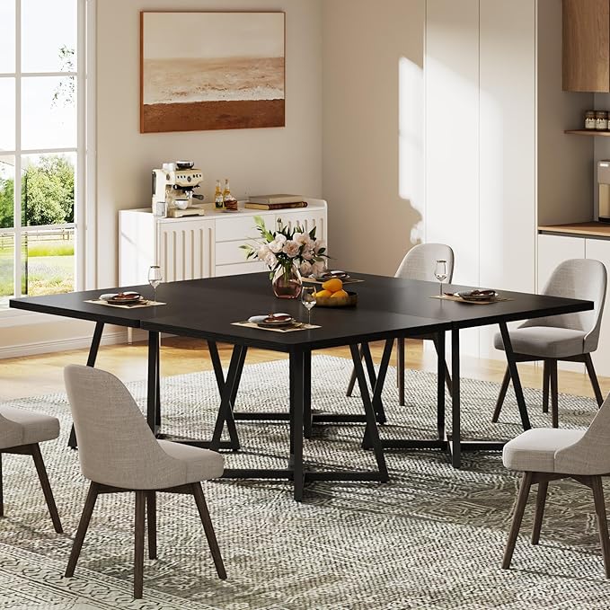 Tribesigns Square Dining Table for 10, 31.5" Industrial Dinner Table with Metal Base, Kitchen Table for Dining Room, Small Space, Apartment, Black