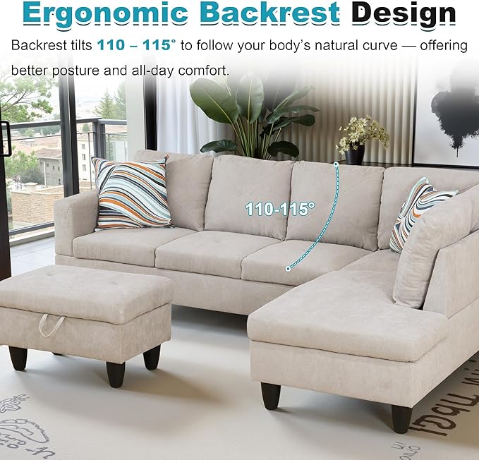 97" Oversized Sectional Couch, L Shaped Couch with Storage Ottoman, Modern Modular Sofa with Deep Seat, Sectional Couches for Living Room and Office, Off-White (Flannelette)