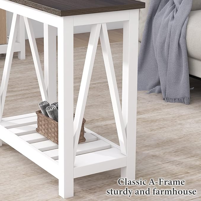 ChooChoo Farmhouse End Table, Narrow Side Table, Slim End Table with Storage Shelf for Small Spaces, Rustic Nightstand, for Living Room, Bedroom White