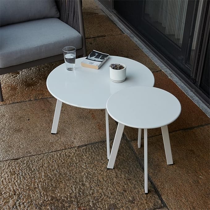 Patio Coffee Table Set of 2, Outdoor Weather Resistant End Table, Round Nesting Tables for Living Room Balcony Office, White