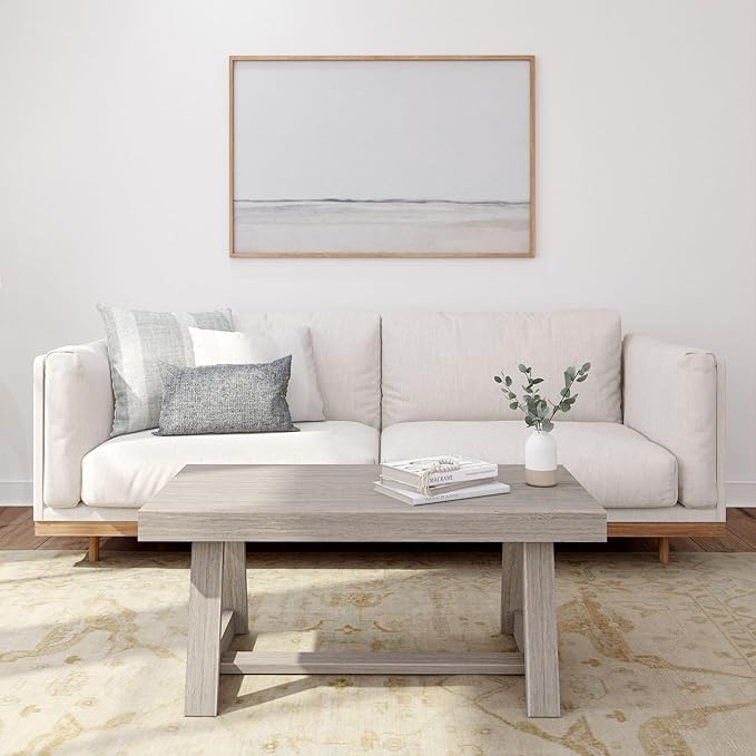 Plank+Beam Classic Rectangular Coffee Table, 40 Inch Farmhouse Coffee Table, Mini Center Tables for Small Spaces, Small Living Space Tea Table, Seashell Wirebrush