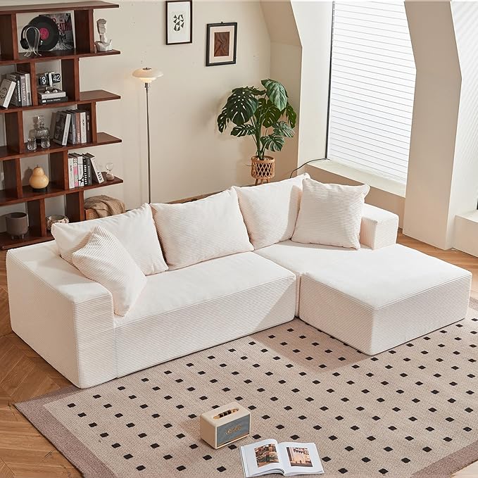 Modular Sectional Sofa, 108" L-Shaped Boneless Couch with Deep Seat, Corduroy Cloud Couch for Living Room, Bedroom, No Assembly Required, Ship in a Box, Beige