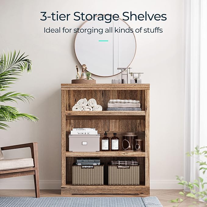LINSY HOME 3-Tier Bookcase Display Storage Shelves Farmhouse Bookshelf for Home Office, Living Room, Bed Room - Dark Brown