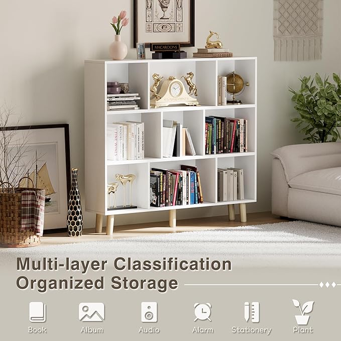 YESHOMY 9 White Cube Bookcase, Open Frame 3-Tier Book Shelf, Bookshelf Storage Organizer with Feet & Anti-Tilt Device for Organization, Room Decor