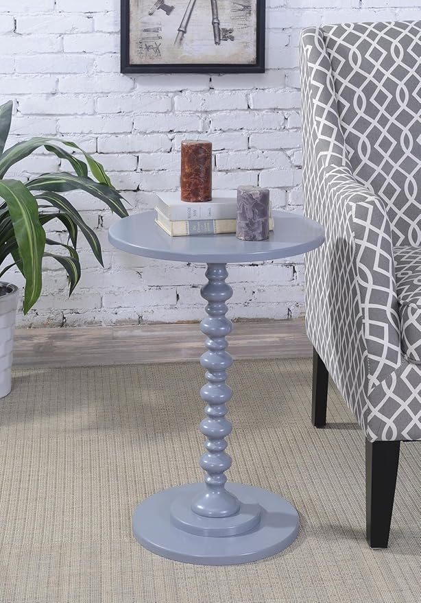 Convenience Concepts Palm Beach Spindle 17.75" Traditional Round End Living Room, Turned Solid Wood Side, Classic Display Pedestal Table, Gray