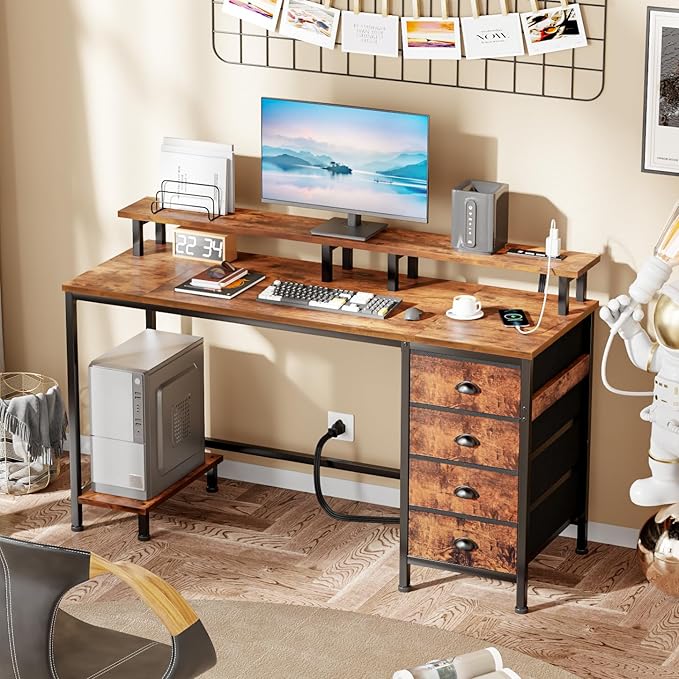 Furologee 47" Computer Desk with 4 Fabric Drawers & Monitor Stand, Gaming Desk with Power Outlets - LED Lights, Home Office Space-Saving Study Table for Bedroom Small Spaces (Rustic Brown)