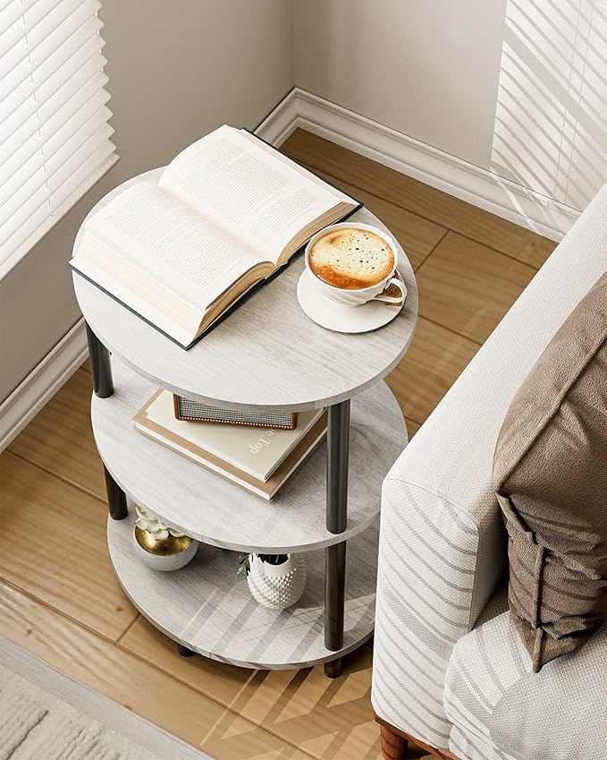 Small Round Side Table - 3-Tier Oval Accent Table for Small Spaces, Rustic Wood and Metal Couch End Table, Nightstand for Bedroom or End Table Living Room, Easy to Assemble, Greige
