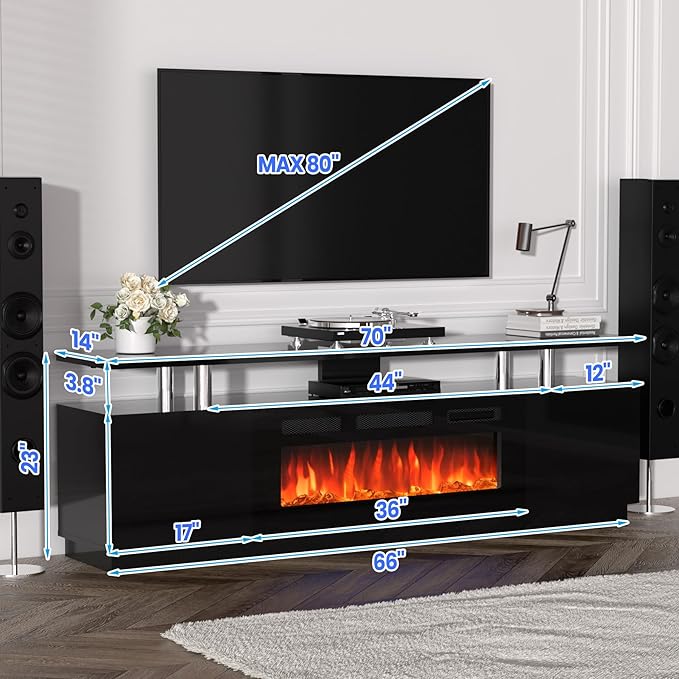 70 Inch Fireplace TV Stand with 36 Inch Electric Fireplace, 12 Colors LED Lights, 750W/1500W for Max 80 Inch TV, 2 Tier Storage 2 Door Cabinet