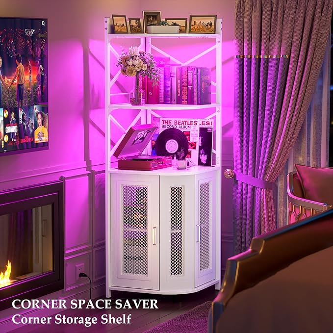 Aheaplus Corner Bar Cabinet with Power Outlet, Industrial Wine Cabinet with LED Strip and Glass Holder, 5-Tiers Liquor Cabinet Bar Unit for Home, Corner Display Cabinet for Small Space, White