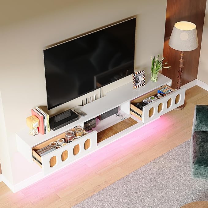 Floaticase Fully Assembled Floating TV Stand, 47IN High Gloss Wall Mounted Entertainment Center with Flip-Down Doors & Drawers, TV Console Under TV Shelf for Bedroom Livingroom