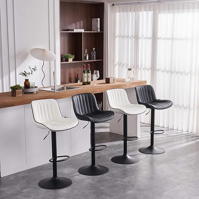 YOUNIKE Black Bar Stools Set of 2 Kitchen Counter Height Barstools Upholstered Swivel Modern Faux Leather Bar Chairs with Backs Adjustable High Breakfast Island Stool with Metal Leg