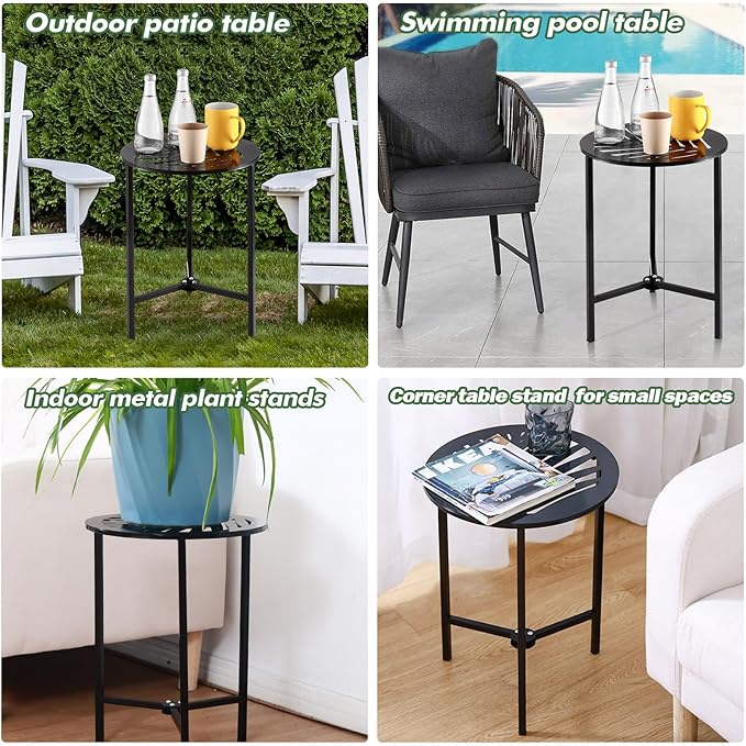 2 Packs 13" Metal Outdoor Side Tables Small Black Outside End Table for Patio Round Accent Corner Stand for Small Spaces Weather-resistant Coffee Table for Balcony Porch Plant Stand,Tropical Leaf