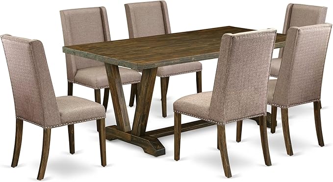 East West Furniture V777FL716-7 7 Piece Dining Room Table Set Consist of a Rectangle Kitchen Table with V-Legs and 6 Dark Khaki Linen Fabric Parsons Dining Chairs, 40x72 Inch, Multi-Color