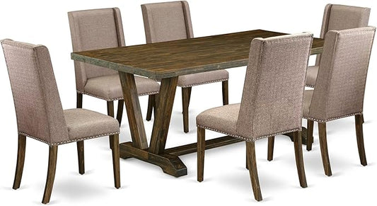 East West Furniture V777FL716-7 7 Piece Dining Room Table Set Consist of a Rectangle Kitchen Table with V-Legs and 6 Dark Khaki Linen Fabric Parsons Dining Chairs, 40x72 Inch, Multi-Color