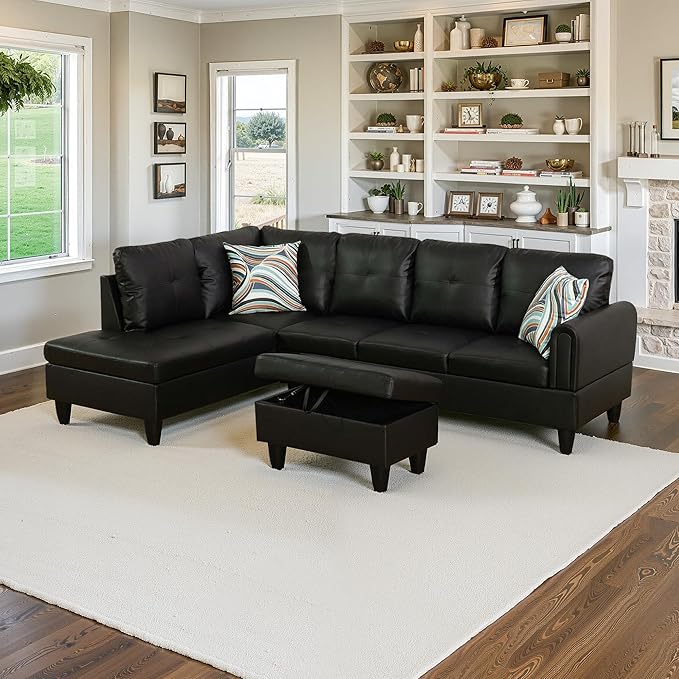 NicBex Sectional Couch 3 Pieces Sofa Set with Right Chaise Faux Leather L Shaped Cloud Couch for Living Room Furniture Sets with Storage Ottoman, Modular Sofa for Living Room & Apartment, Black