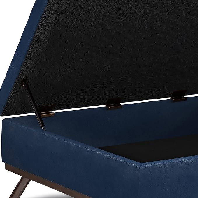 SIMPLIHOME Owen 36 inch Wide Mid Century Modern Square Coffee Table Storage Ottoman in Distressed Dark Blue Vegan Faux Leather, Assembled, for the Living Room, Entryway and Family Room