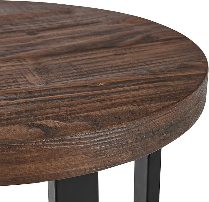 Pomona 20 in. Round End Table with 2 Shelves, Solid Wood Top, Metal Legs, Rustic Natural Brown Finish - Living Room Furniture