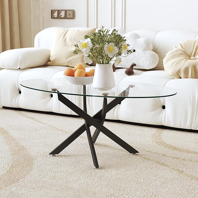 Oval Coffee Table Modern Living Room Table with Tempered Glass Top and Black Metal Legs Contemporary Stylish Center Table Tea Table for Living Room Office