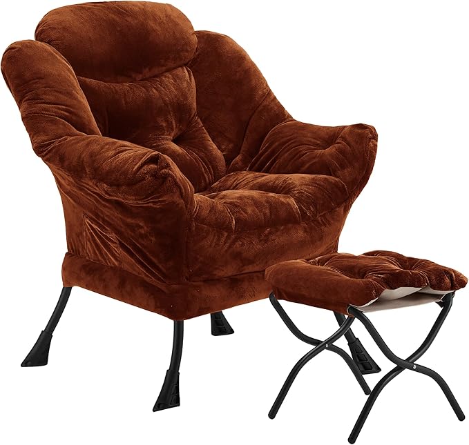 Lazy Chair with Folding Ottoman, Accent Chair Plush Upholstered with Metal Structure and Non-Slip Pads, Sofa Armchair with Footrest and Side Storage Bag for Dorm, Room, Office, Brown