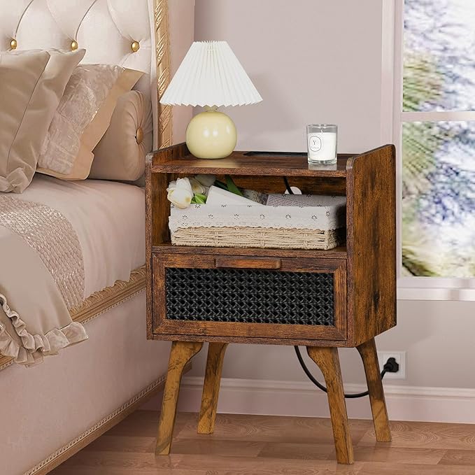 Lerliuo Rattan Nightstands Set of 2 with Charging Station, Boho Side Table with Drawer Open Shelf, Cane Accent Bedside End Table with Solid Wood Legs for Bedroom, Dorm and Small Spaces (Brown)