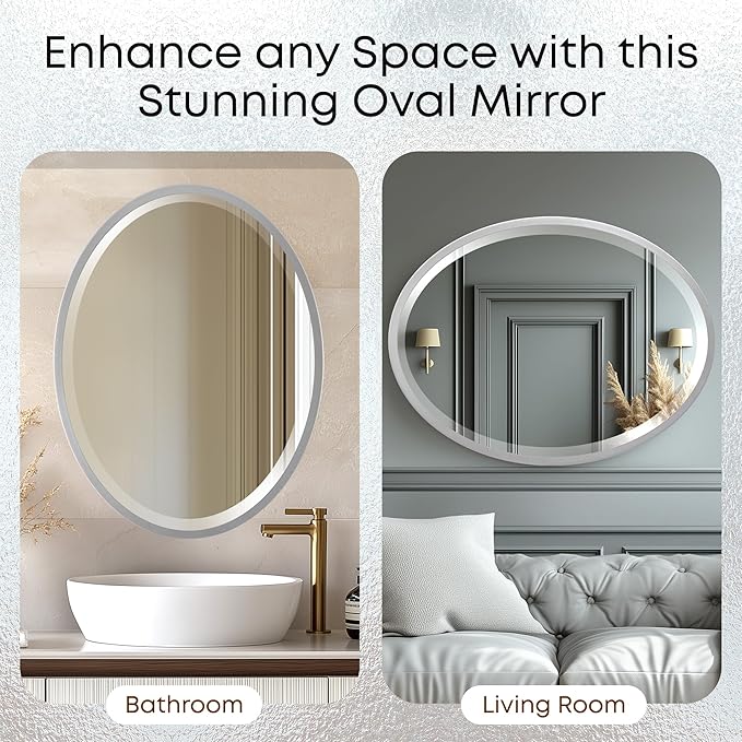 OVALCREST - Oval Wooden Beveled Wall Mirror for Home Decor, Bathroom, Vanity, Bedroom, Living Room, Hallway - London Style (Silver Spray) 31.1 x 41.1