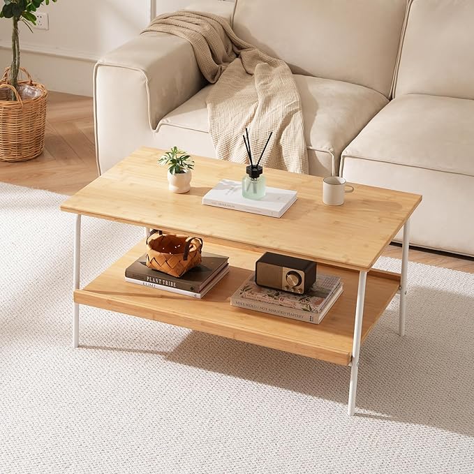 Coffee Table with 2 Tier Storage- Farmhouse Bamboo Coffee Tables, Mid Century Modern Center Table, Tea Tables for Living Room, Bedroom, Office, Patio (Natural)