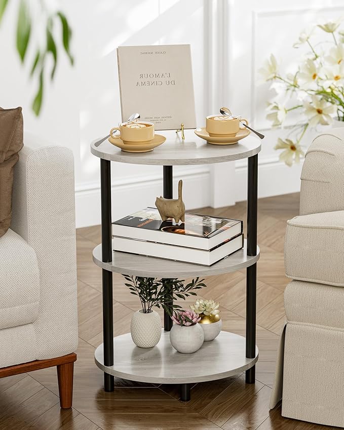 Small Round Side Table - 3-Tier Oval Accent Table for Small Spaces, Rustic Wood and Metal Couch End Table, Nightstand for Bedroom or End Table Living Room, Set of 2, Greige