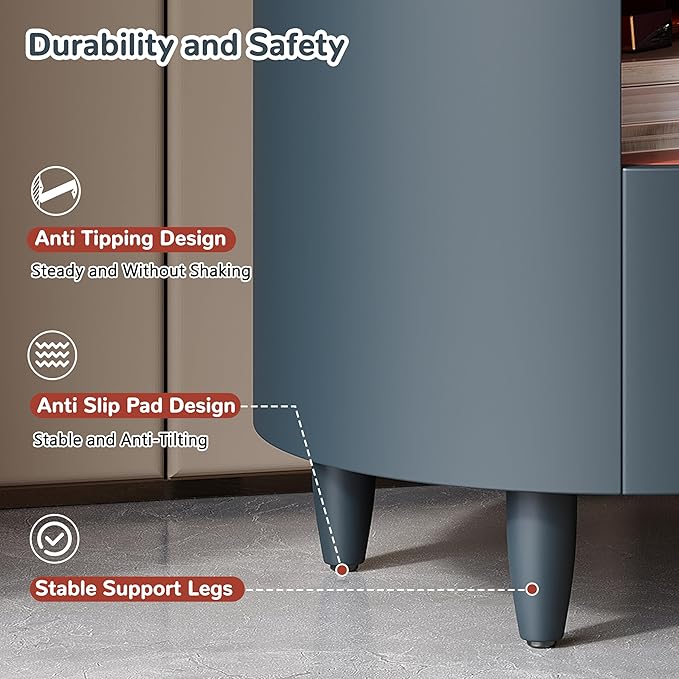 Merax Round Nightstand with Storage Drawer, MDF Contemporary Modern Bedside Table with Open Storage Shelf, Curved Design Sofa End Table for Bedroom & Living Room, Easy Assembly, Blue
