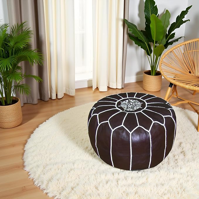 Stuffed Round Design Moroccan Leather Pouf Ottoman, Handmade, Pre-Filled, 100% Genuine Leather, 13” Height x 20” Diameter, Footstool & Living Room Décor (Chocolate)