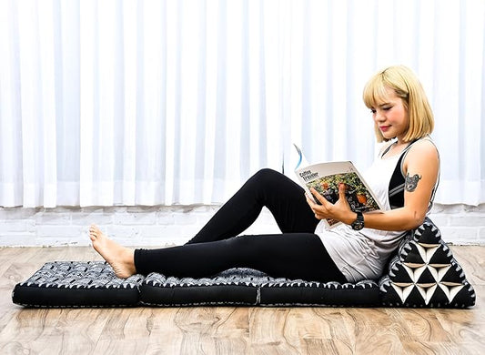 Leewadee - Comfortable Japanese Floor Mattress - Thai Floor Bed with Triangle Cushion - Futon Mattress - Thai Massage Mat, 67 x 21 inches, Anthracite Black, Kapok Filling