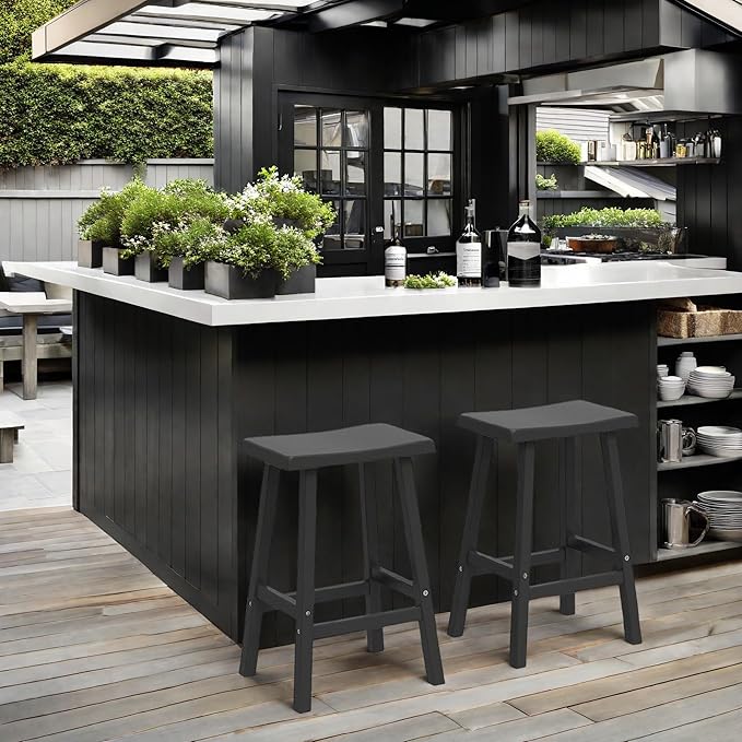 29" H Bar Stools Set of 2 - Classic Saddle Seat with Footrest, Resin Kitchen Counter Stool, Anti-Slip & Waterproof - Tall Barstools for Bar, Kitchen, Dining Room, Lounge - Black