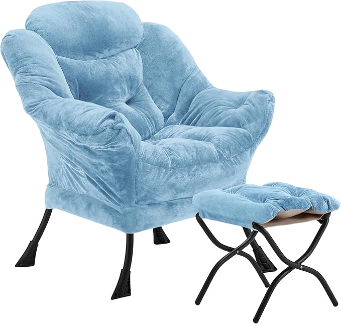 Lazy Chair with Folding Ottoman, Accent Chair Plush Upholstered with Metal Structure and Non-Slip Pads, Sofa Armchair with Footrest and Side Storage Bag for Dorm, Room, Office, Blue