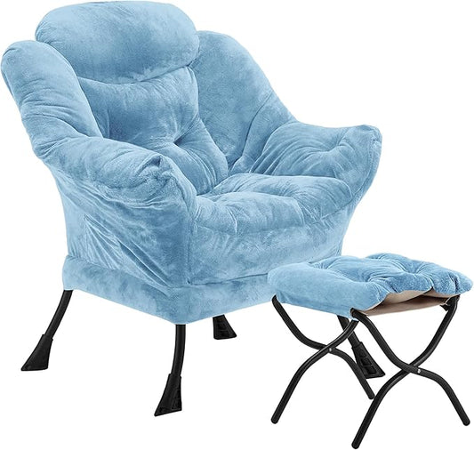 Lazy Chair with Folding Ottoman, Accent Chair Plush Upholstered with Metal Structure and Non-Slip Pads, Sofa Armchair with Footrest and Side Storage Bag for Dorm, Room, Office, Blue