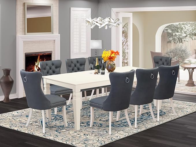 East West Furniture LGDA9-LWH-13 9 Piece Kitchen Set Includes a Rectangle Dining Table with Butterfly Leaf and 8 Polyester Fabric Upholstered Chairs, linen white