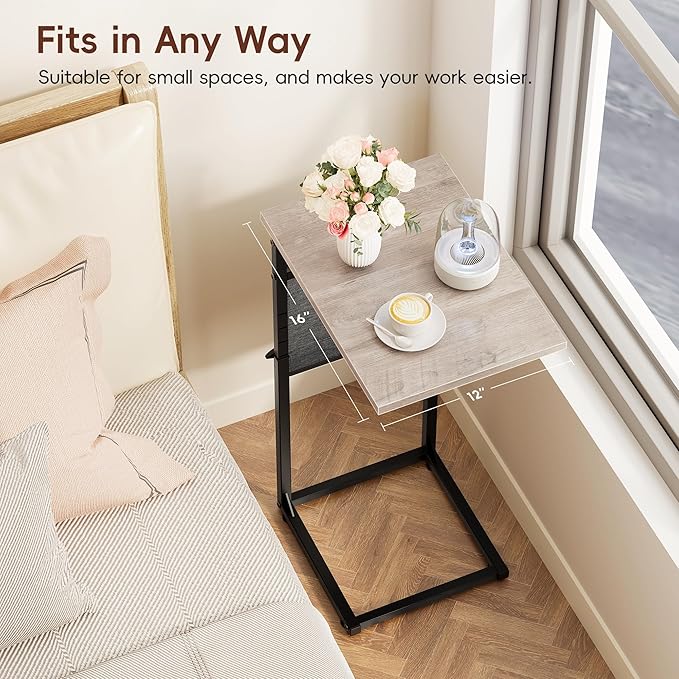 Vagusicc C Shaped End Table, 33" Tall Side Table for Couch, Adjustable Height Small Couch Side Table, Laptop Sofa Tables Slide Under Recliner Tables TV Tray Arm Tables for Living Room, Bedroom, Grey
